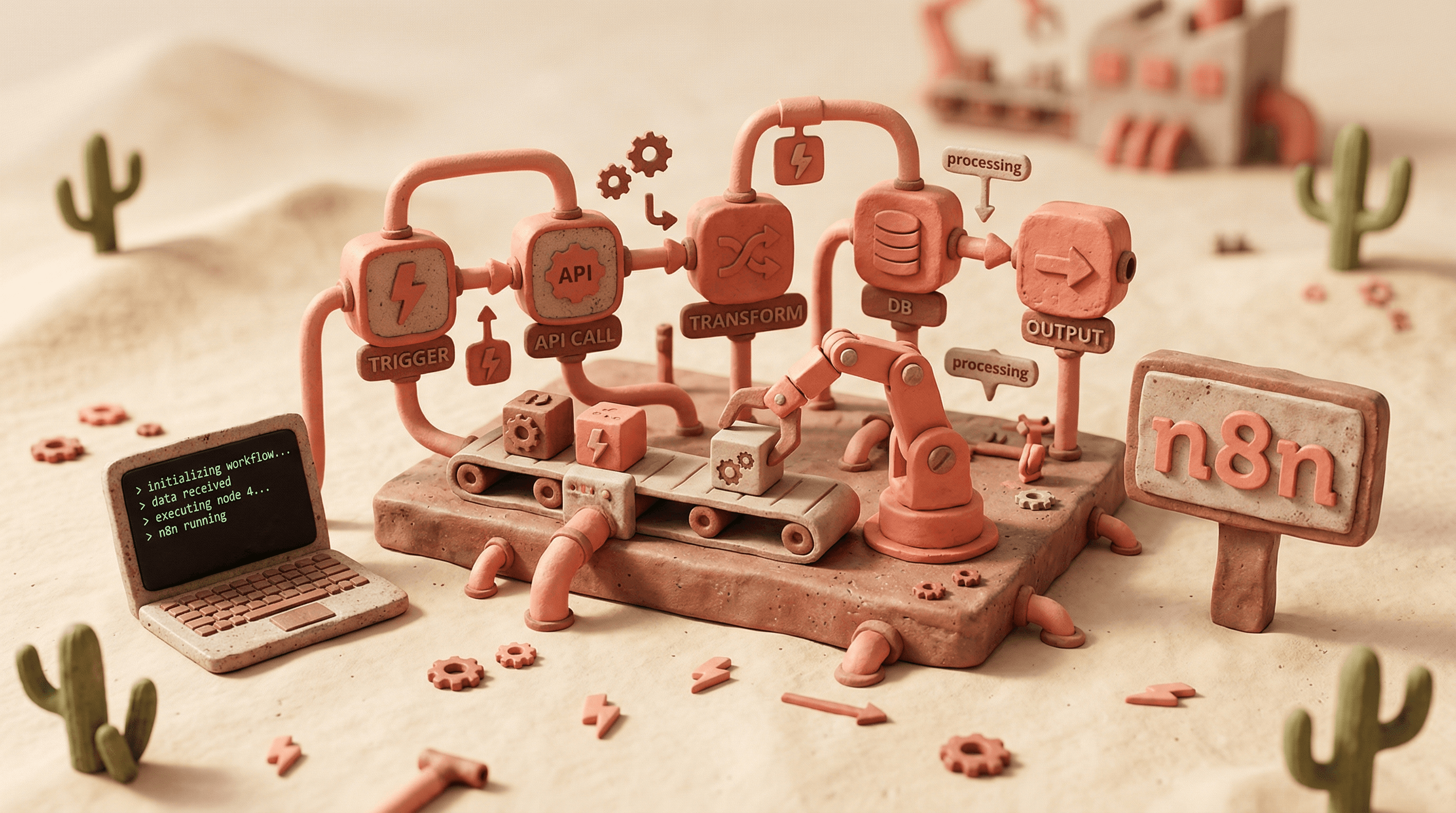 Clay 3D illustration of an n8n automation factory with interconnected workflow nodes, a robot arm, and a laptop terminal on a sandy beige background