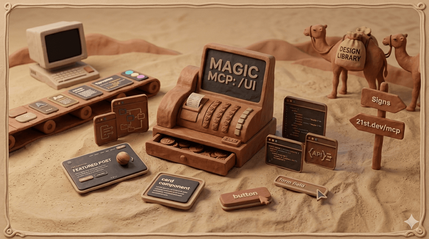 Claude Code terminal running a /ui command with Magic MCP generating an animated React hero section with gradient text and floating shapes