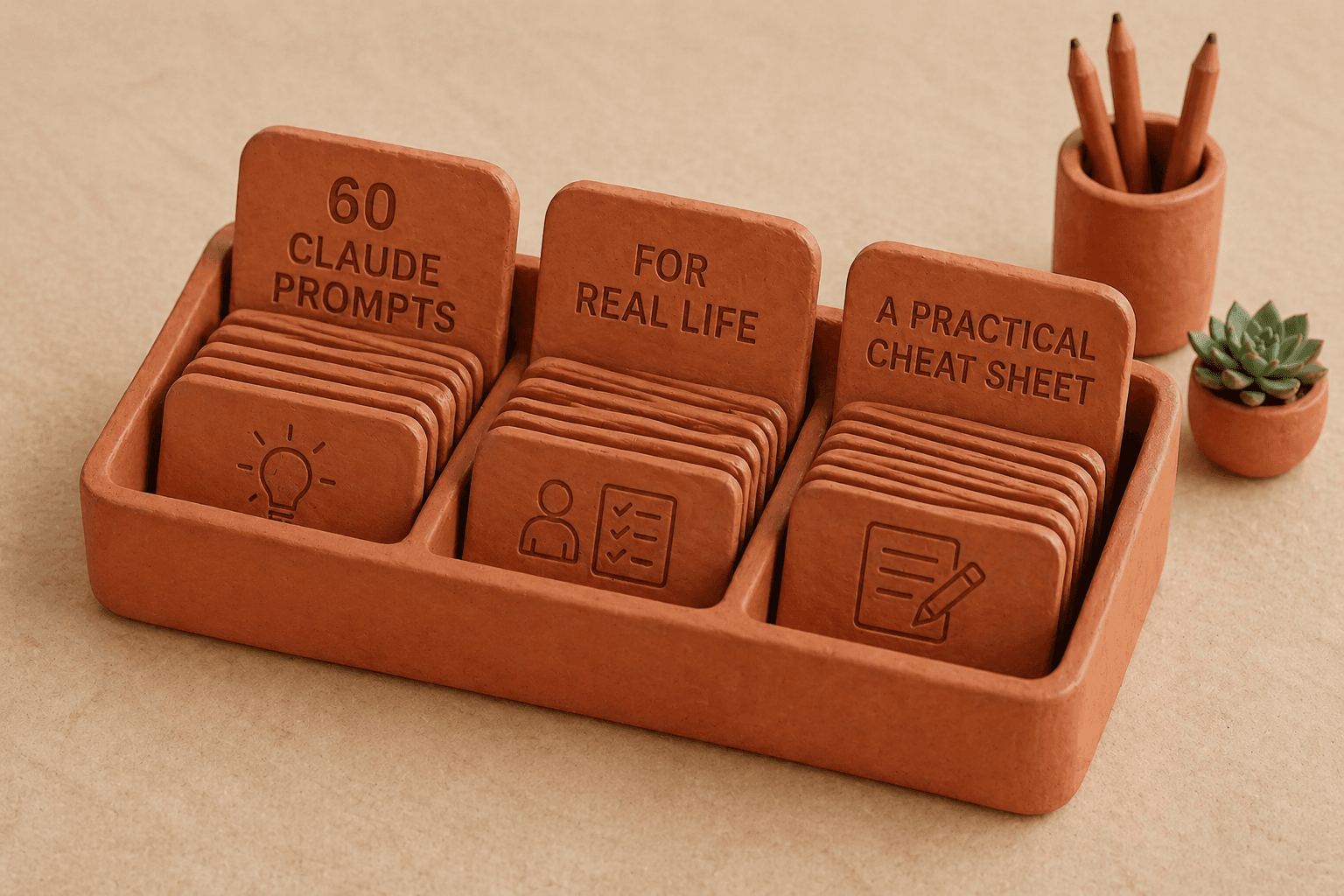 60 Claude Prompts cheat sheet — categorized prompt list cover for email, money, productivity, and life decisions